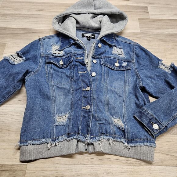 THRILL JEANS Womens Blue Gray Layered Distressed Denim Jean Jacket Medium - Picture 2 of 14